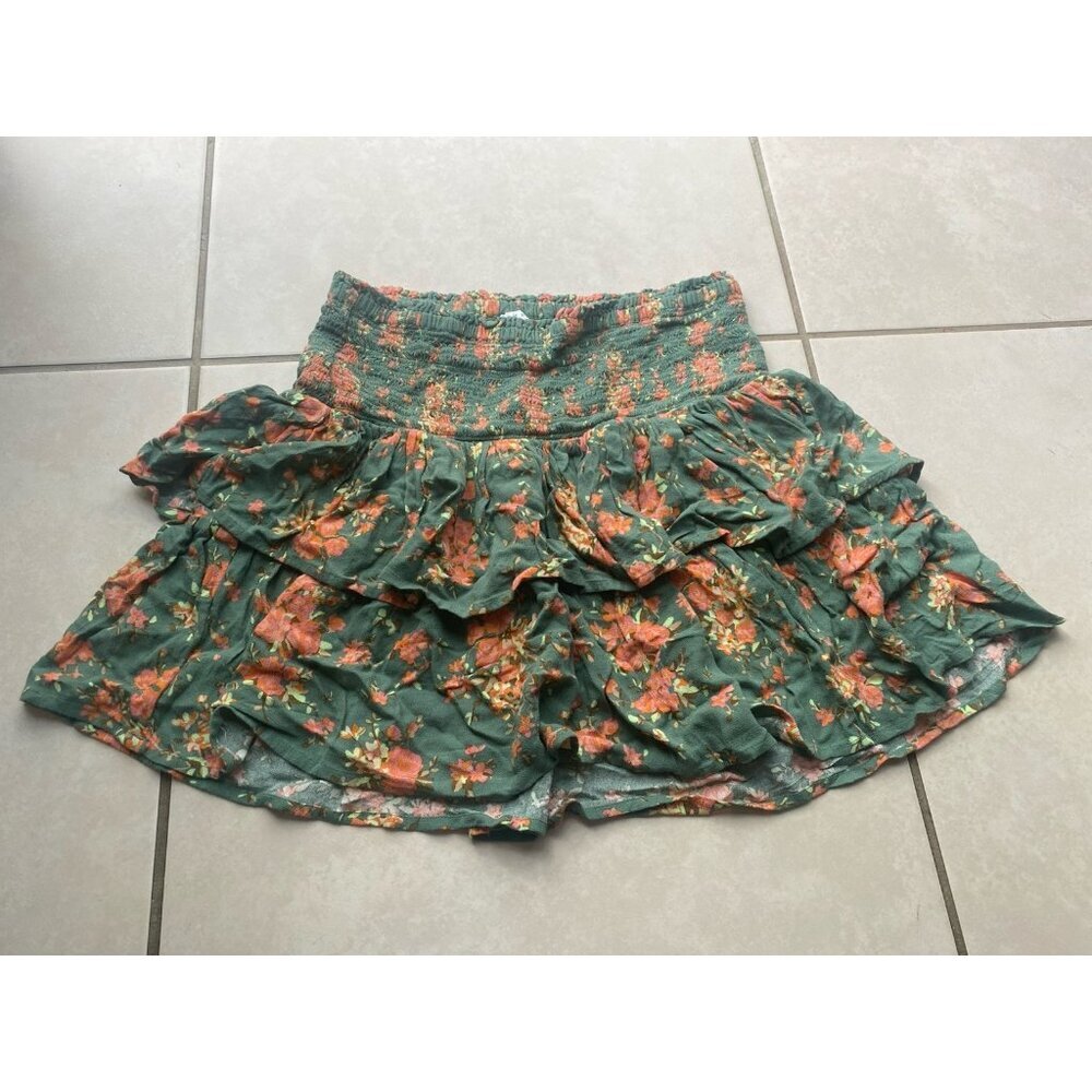 Aerie Women’s Green And Orange Floral Ruffle Tiered Mini Skirt Sz Small